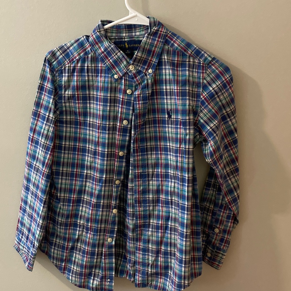 Polo Ralph Lauren Boys size 10/12 Blue and Green Plaid Shirt